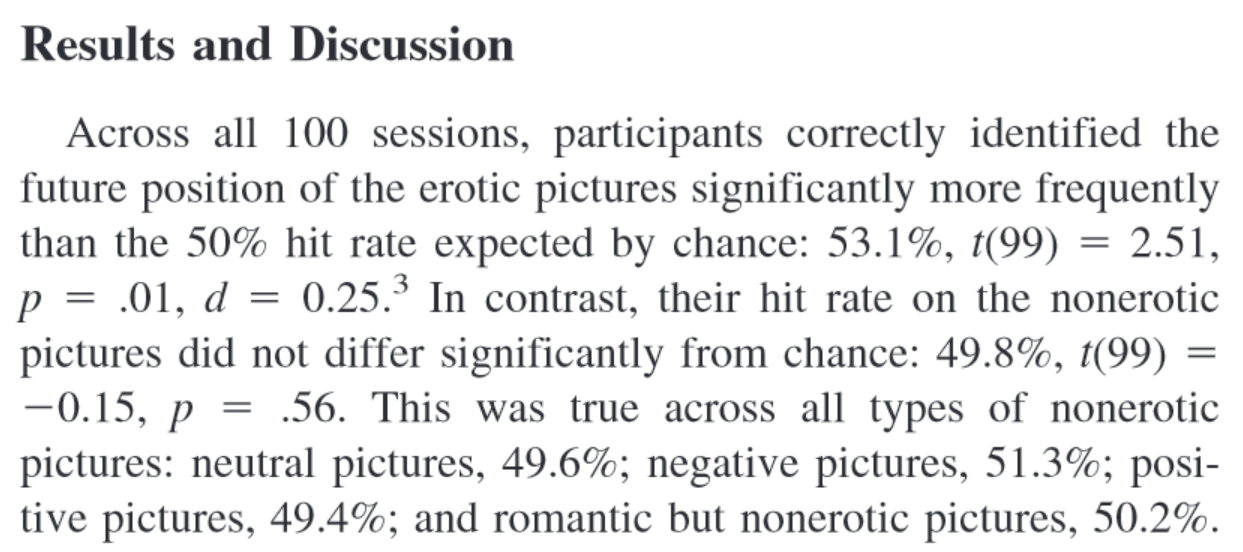 Screenshot from the Results and Discussion section of Bem, 2011.